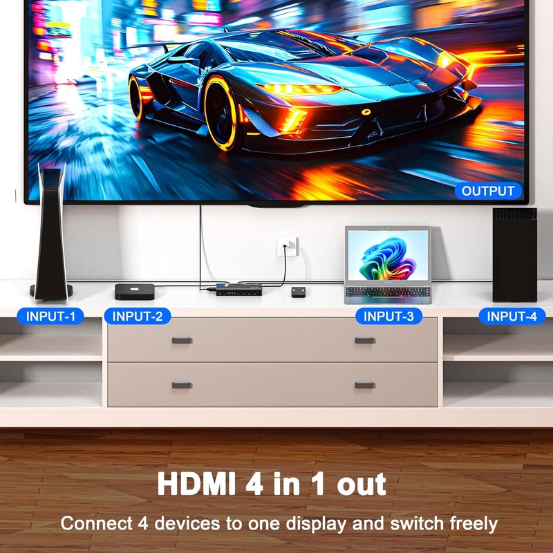 JCHICI HDMI Switch 4 in 1 Out 4K@60Hz, 4 Ports HDMI Switcher Splitter Selector with Remote, Support HDCP 2.2 HDR 10+ Dolby Vision/Atmos 18Gbps CEC for Apple TV Game PC PS4 5 Pro Xbox Roku - Image 2